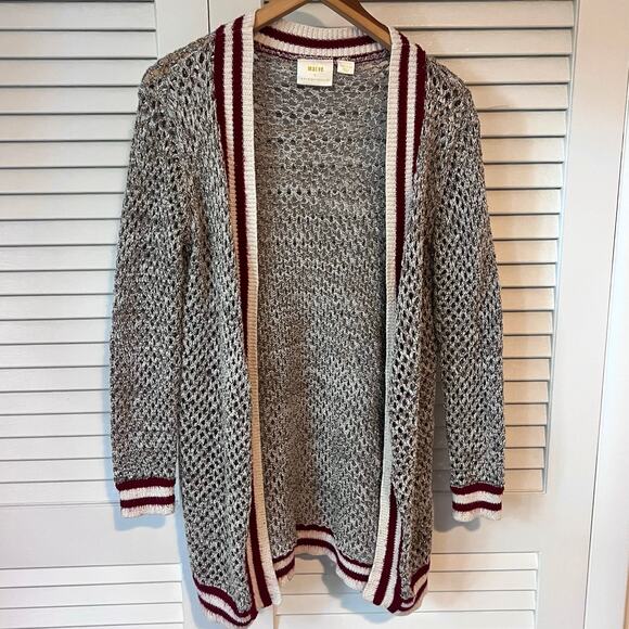 Maeve for Anthropologie Varsity Open Knit Cardigan Gold Red Trim OS - Picture 2 of 8